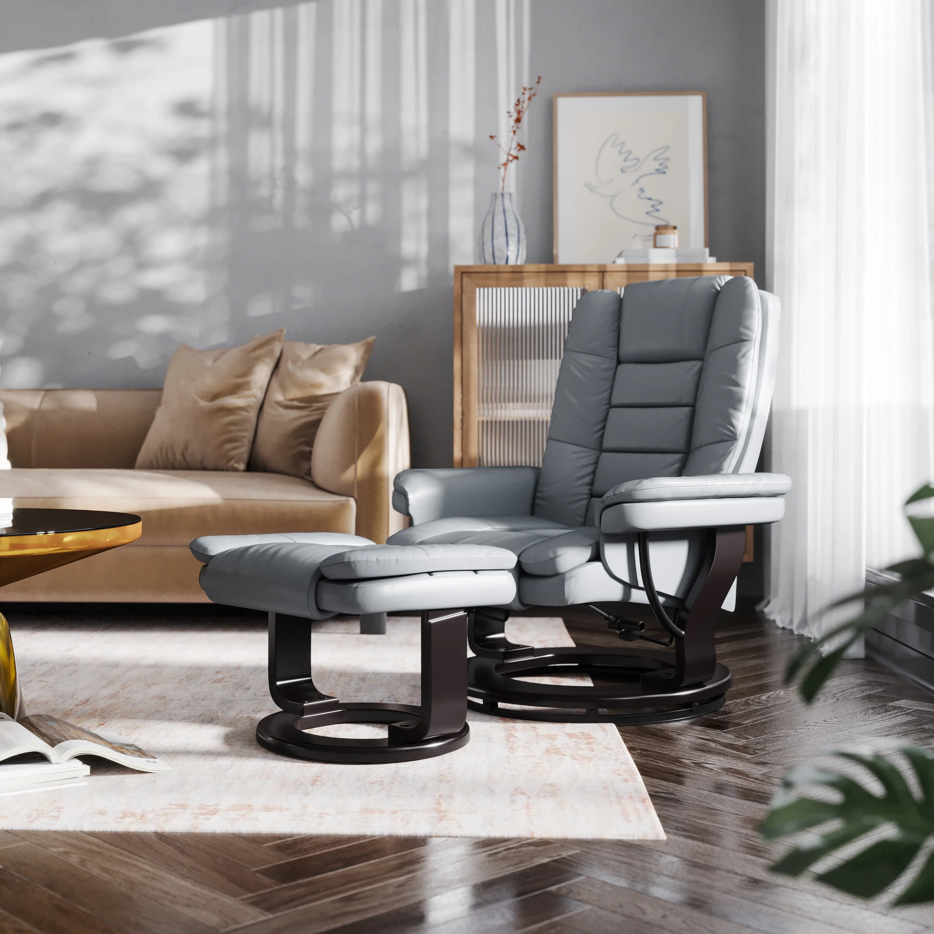 Emma + Oliver Contemporary Multi-Position Recliner with Horizontal Stitching and Ottoman with Swivel Mahogany Wood Base in Gray Faux Leather
