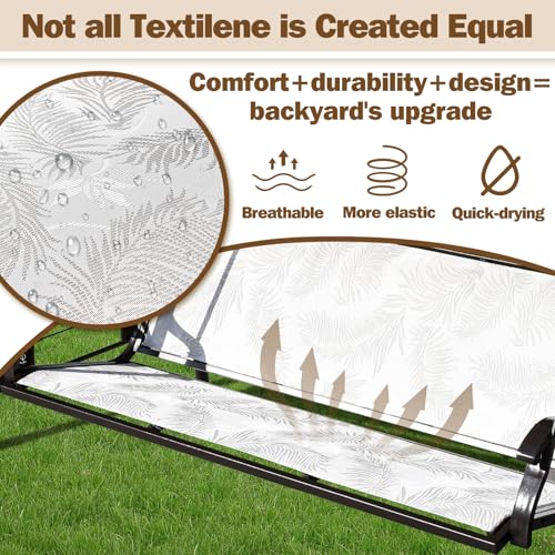 3 Person Patio Swing Outdoor Swing for Adults with Adjustable Canopy &Upgraded Cup Holders Textilene Fabric Porch Swing Chair with Stand Heavy Duty