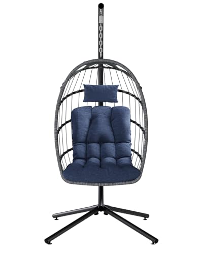SWITTE Egg Chair Outdoor with Stand, Indoor Wicker Hanging Egg Swing Chair with Cushion, 350lbs Capacity for Patio, Bedroom, Garden - Gray