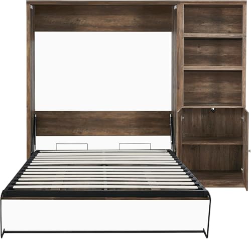 MERITLINE Queen Size Murphy Bed with Storage Bookcase Shelves,Cabinet and Charging Station,Wood Folding White Murphy Wall Bed