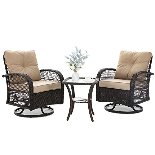 3 Pieces Patio Furniture Set, Outdoor Swivel Glider Rocker, Wicker Patio Bistro Set with Rocking Chair, Thickened Cushions and Table for Porch (Blue)