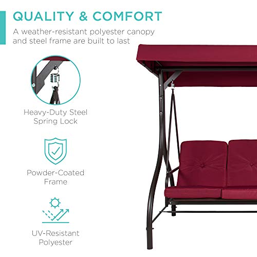 Best Choice Products 3-Seat Outdoor Large Converting Canopy Swing Glider, Patio Hammock Lounge Chair for Porch, Backyard w/Flatbed, Adjustable Shade