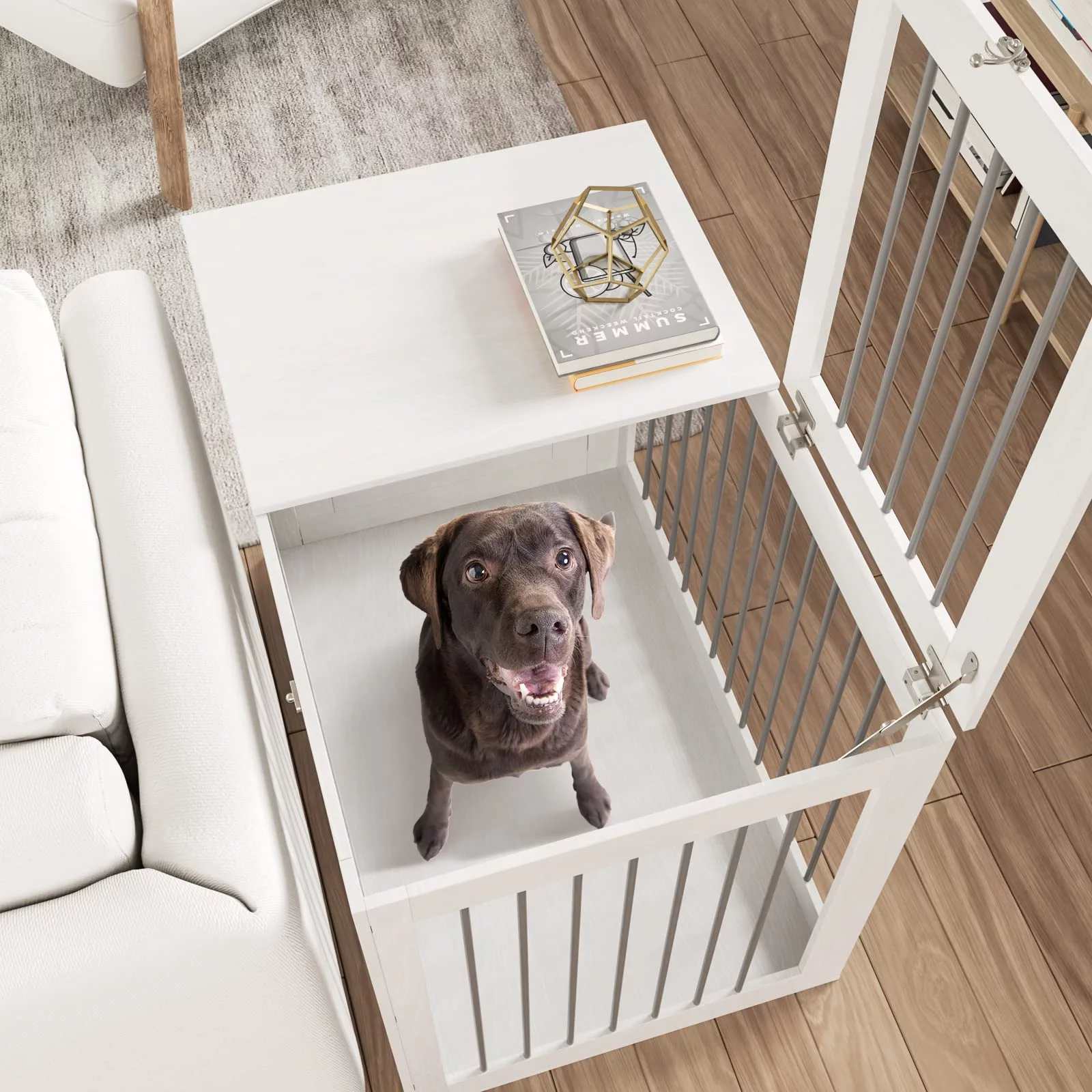 Furniture Style Dog Crate, Wooden Dog Kennels with Double Doors, Modern Decorative Dog Crates for Medium Large Dogs, Dog Cage Indoor, White