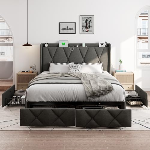 iPormis Queen Bed Frame with 4 Storage Drawers, Upholstered Platform Bed Frame with Charging Station, Modern Wingback Storage Headboard