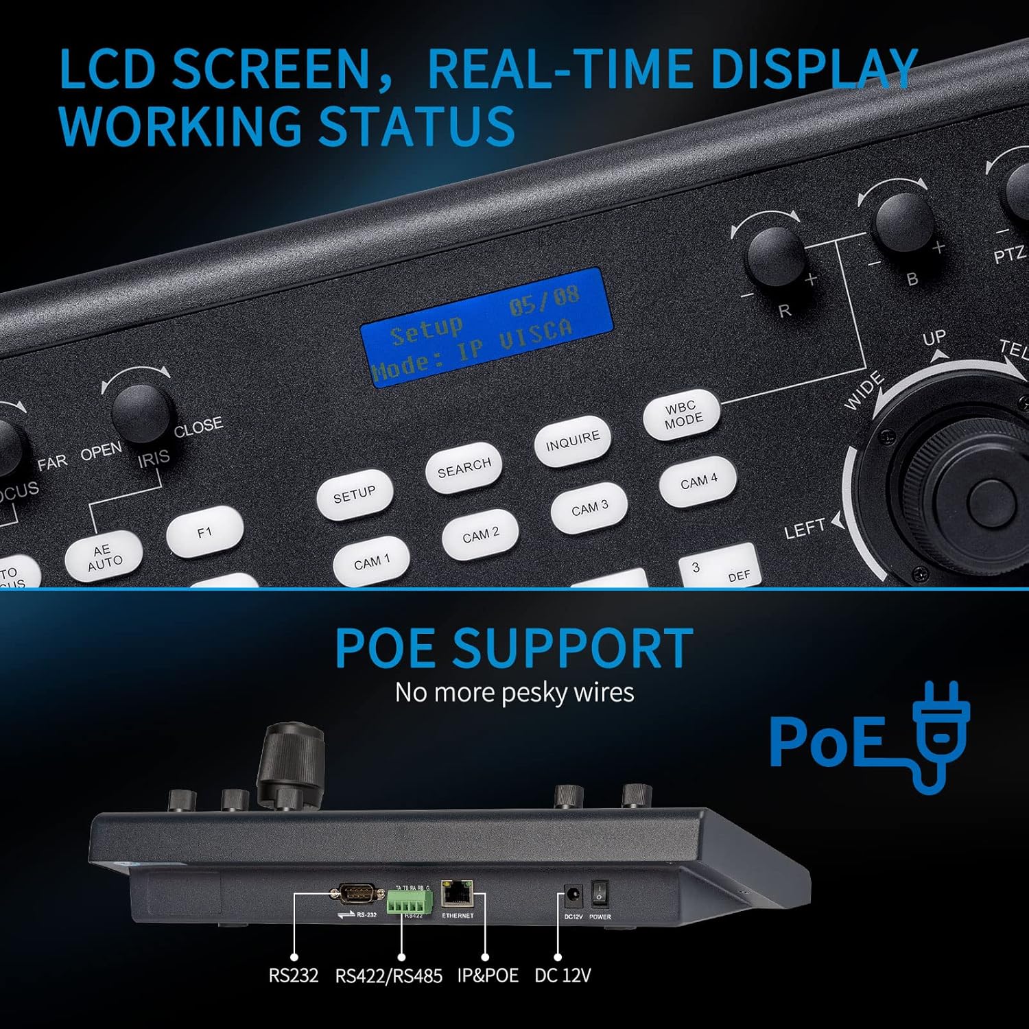 FEELWORLD KBC10 PTZ Camera Controller with Joystick and Keyboard Control LCD Screen PoE Supported for Live Streaming Church Conference