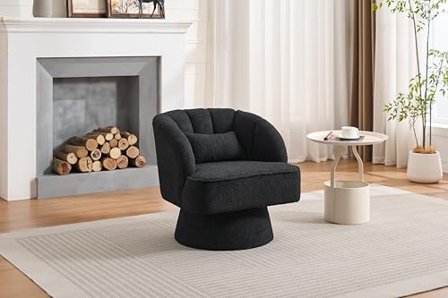 GarveeHome Modern Swivel Barrel Accent Chair, 360° Teddy Fabric Upholstered Armchair with Striped Backrest & Plush Padding