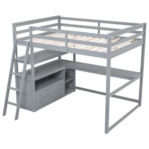 Full Size Loft Bed with Desk & Wardrobe, Solid Wood Kids Loft Bedframe w/3 Storage Drawers & 2 Shelves, Maximum Space Design, for Bedroom, Dorm, Gray