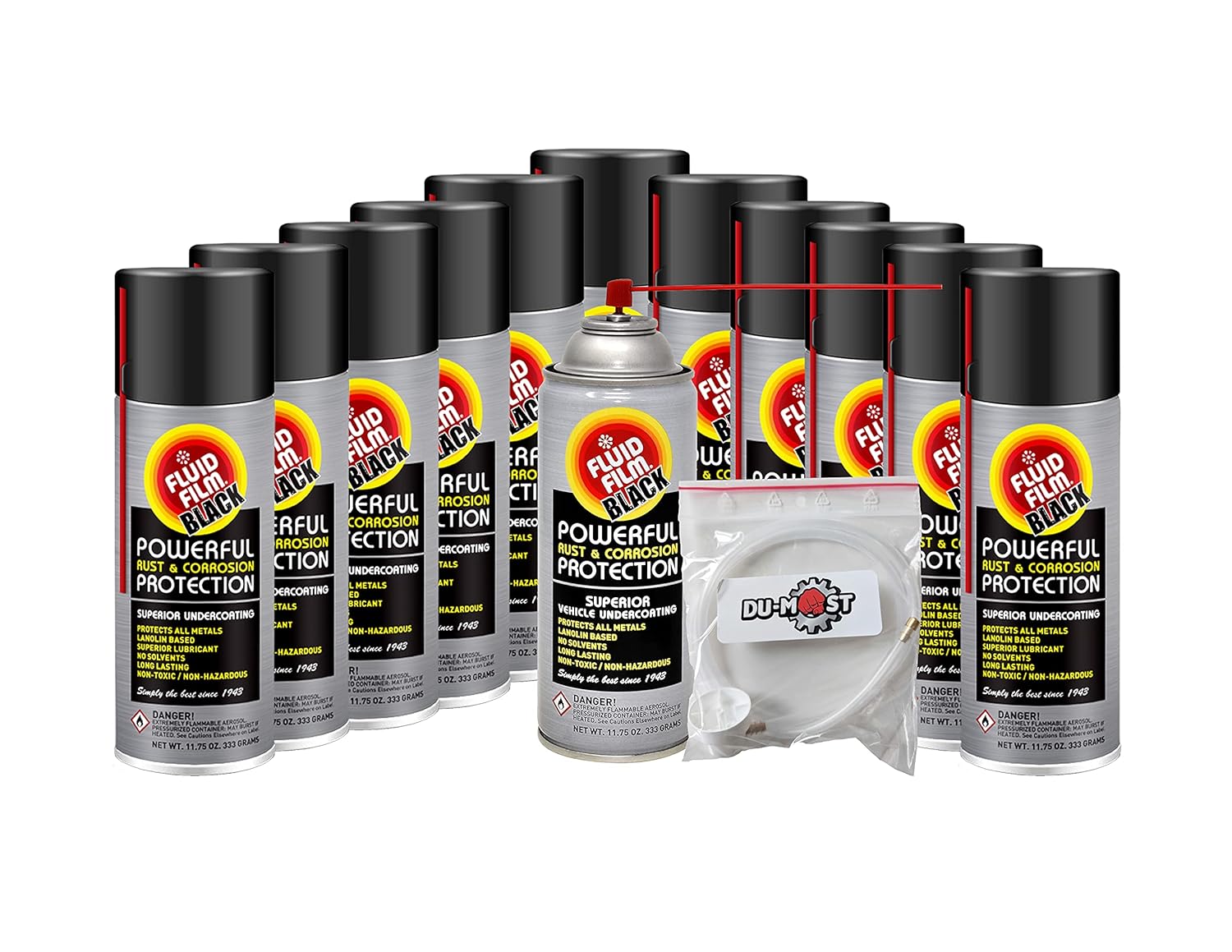 Fluid Film BLACK (12 Aerosol Cans) with DU-MOST 2' Extension Hose & Nozzle, Long Lasting Corrosion Prevention, Penetrant & Lubricant, Marine