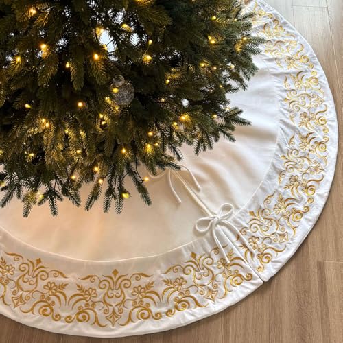 72-Inch Victorian Velvet Christmas Tree Skirt with Gold Damask Embroidery and Plush Lace Ties, Burgundy