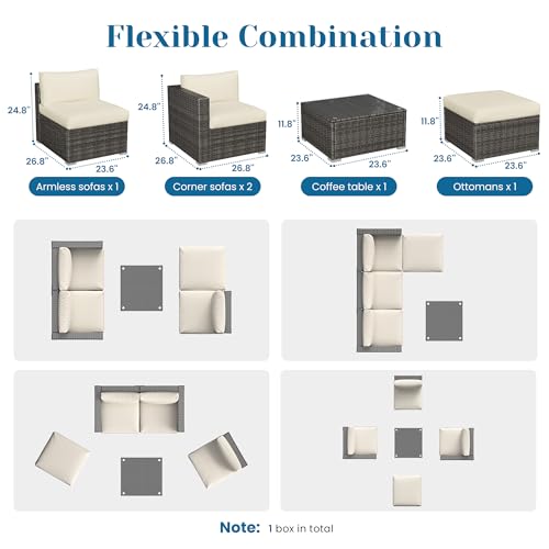 7 Pieces Outdoor Patio Furniture Sets with Glass Tea Table, PE Rattan Wicker Patio Conversation Set with Washable Cushions
