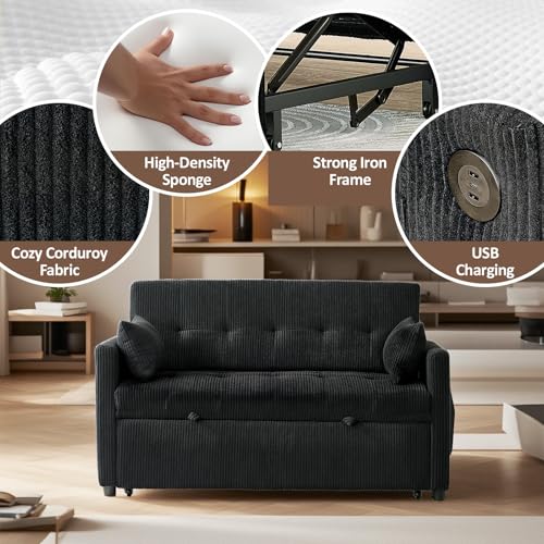 Sofa Bed, Loveseat 3-in-1 Sleeper Sofa with Pull Out Bed, Pockets and USB