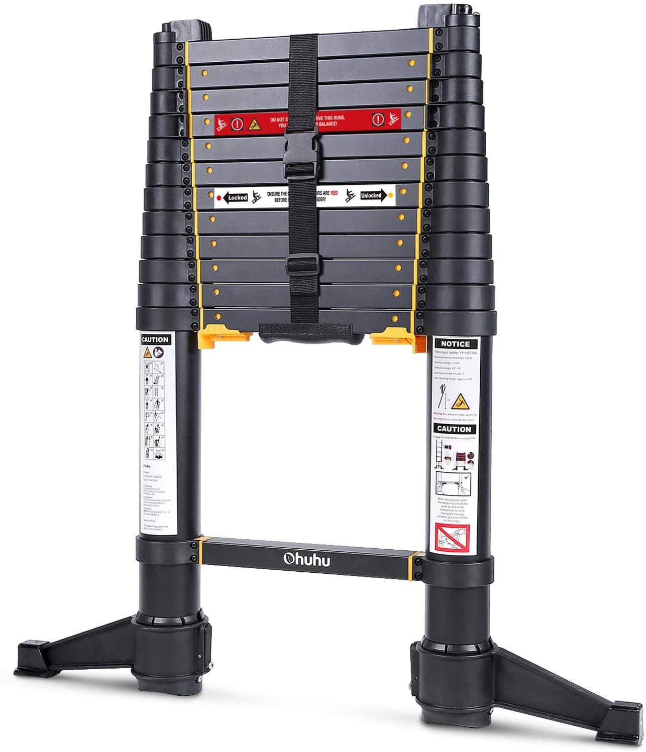 Ohuhu 12.5 ft Premium Aluminum Telescoping Ladder for Home, One-Button Retraction ANSI Certified Patented Extension Ladder, Delu - Megean