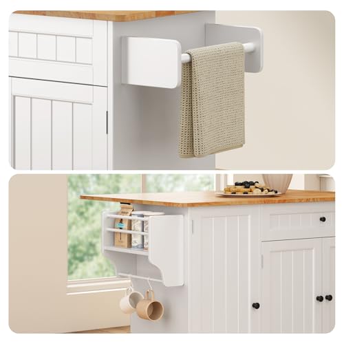 Ahomly Kitchen Island with Storage, Island Table for Kitchen with Drop Leaf, 5 Wheels, Interal Storage Rack, a Drawer, Spicy Rack and Towel Bar
