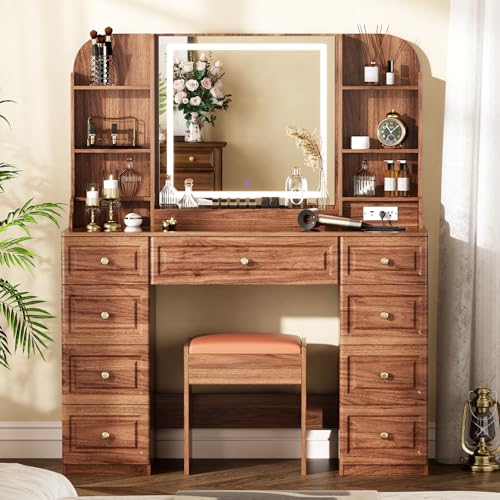 43" Makeup Vanity Desk with Mirror and Lights, & Power Outl, Glass Top Big Vanity Table with 9 Drawers& 8 Storage Shelves