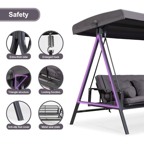 PURPLE LEAF Outdoor Patio Porch Swing with Adjustable PVC Canopy, 3-seat Swing Chair Bench with Side Cup Holder for Backyard Front Porch Lawn