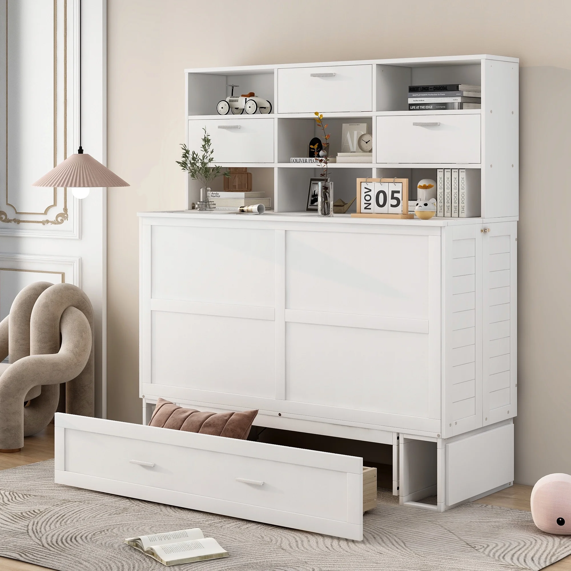 Euroco Queen Size Murphy Bed with Bookcase, Shelf and Drawer, Convertible into a Cabinet with Bookcase for Living Room