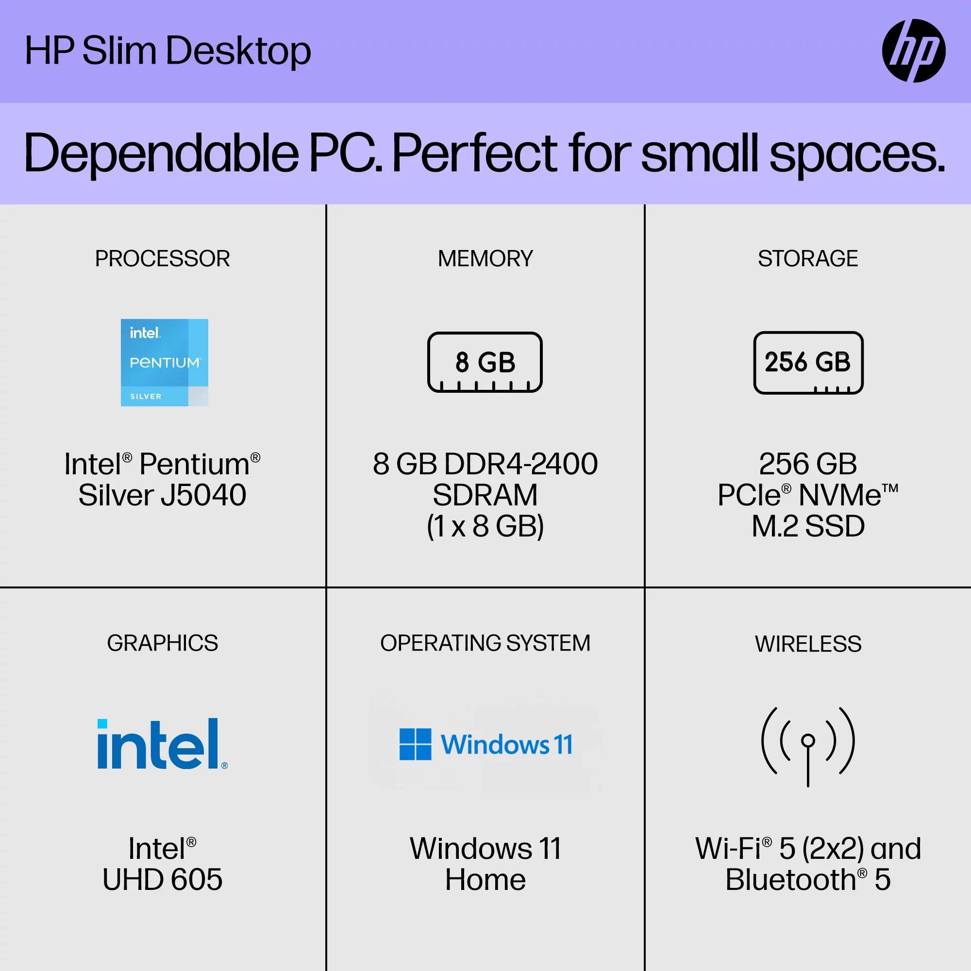 HP Slim Desktop Tower, Intel Pentium, 8GB Memory, 256GB SSD,  Windows 11 Home,  Black, S01-aF2023w