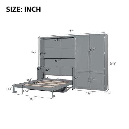 Queen Size Murphy Bed Wall Bed with Desk and Closet,Drawers and Shelves,for Small Spaces Studio Study Office Guest Room Use (Gray#Desk, Queen)