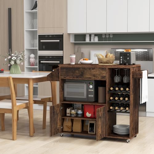 Rolling Kitchen Island with Drop Leaf & Power Outlet, Microwave Cart with Storage Cabinet, Drawer, Wine & Cup Holder, Spice & Towel Rack