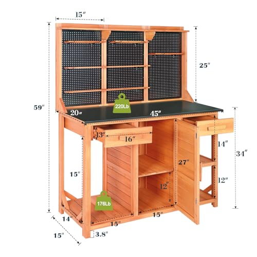 Outdoor Garden Potting Bench, Horticultural Wooden Workstation Table with Storage Drawer, Cabinet, Metal Pegboard