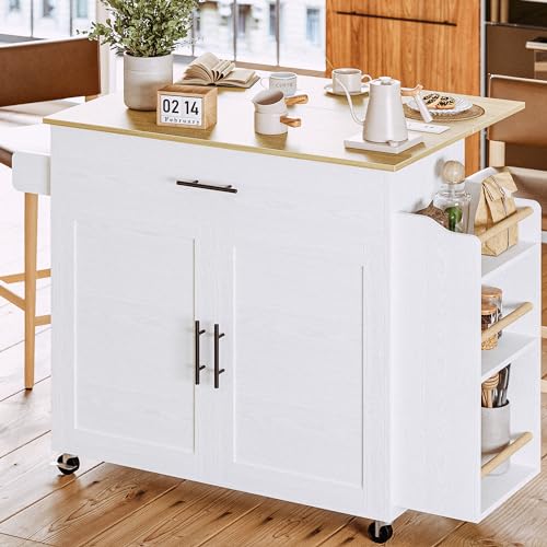 IRONCK Kitchen Island with Storage, Rolling Kitchen Island on Wheels with Drop Leaf, Charging Station, 3 Open Spice Rack, Cabinet, Drawer