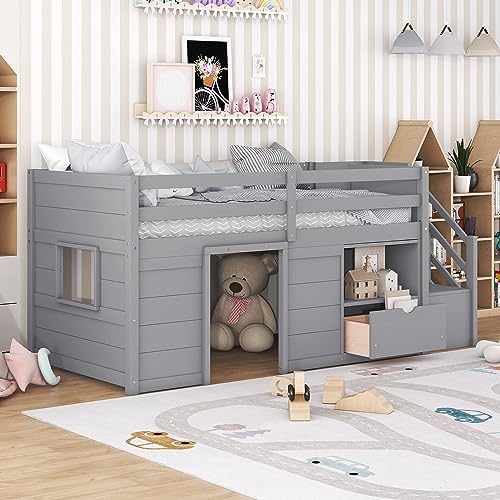 Harper & Bright Designs Low Loft Bed with Stairs, Solid Wood Twin Size Low Loft Bed Frame with Storage Drawers and Shelf