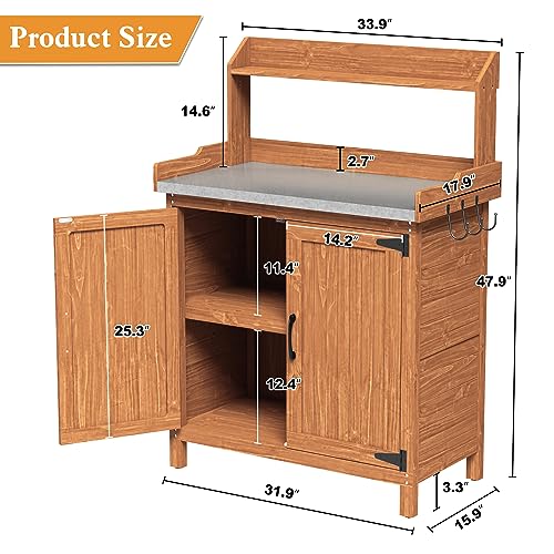 Outdoor Potting Bench with Storage, Wooden Garden Potting Table with Metal Tabletop and Removable Shelf, Potting Work Bench Station for Garden, Patio