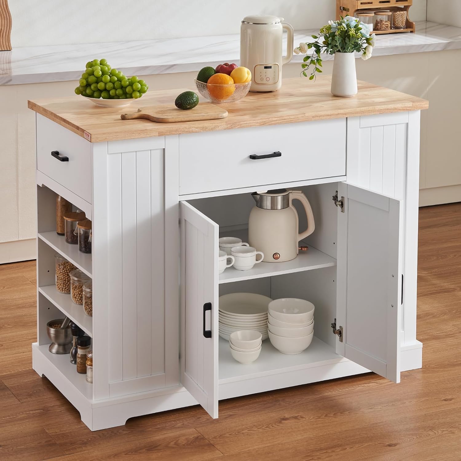 VEVOR Kitchen Island Cart, 46" Wood Top Breakfast Bar with Storage Cabinet, Farmhouse Kitchen Table with Adjustable Shelf, Drawer