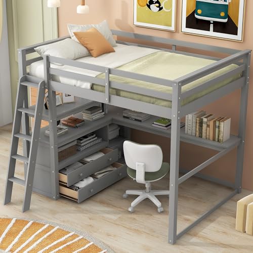 Full Size Loft Bed with Desk & Wardrobe, Solid Wood Kids Loft Bedframe w/3 Storage Drawers & 2 Shelves, Maximum Space Design, for Bedroom, Dorm, Gray