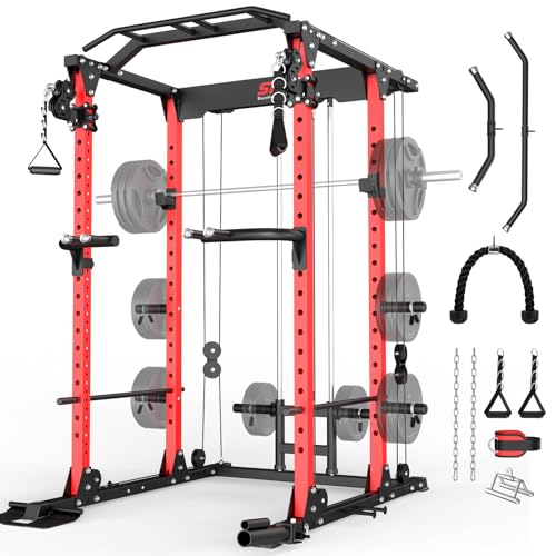 SunHome Power Cage Squat Rack, Multi-Functional Power Rack with Adjustable Cable Crossover System, J-Hooks, Dip Handles, Weight Plate Storage