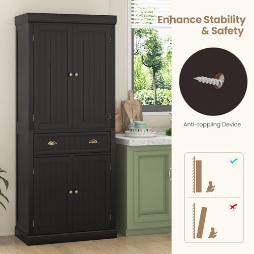 Tangkula 72" H Kitchen Pantry Cupboard Cabinet, Traditional Freestanding Large Tall Storage Cabinet with 2 Cabinets and Drawer, Adjustable Shelves