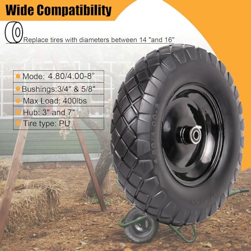 Wheelbarrow Tires 4.80/4.00-8 Flat Free-16"Universal Solid Wheels with 5/8" & 3/4" Bearings for Wheelbarrows/Hand Truck/Garden Trailers/Cart