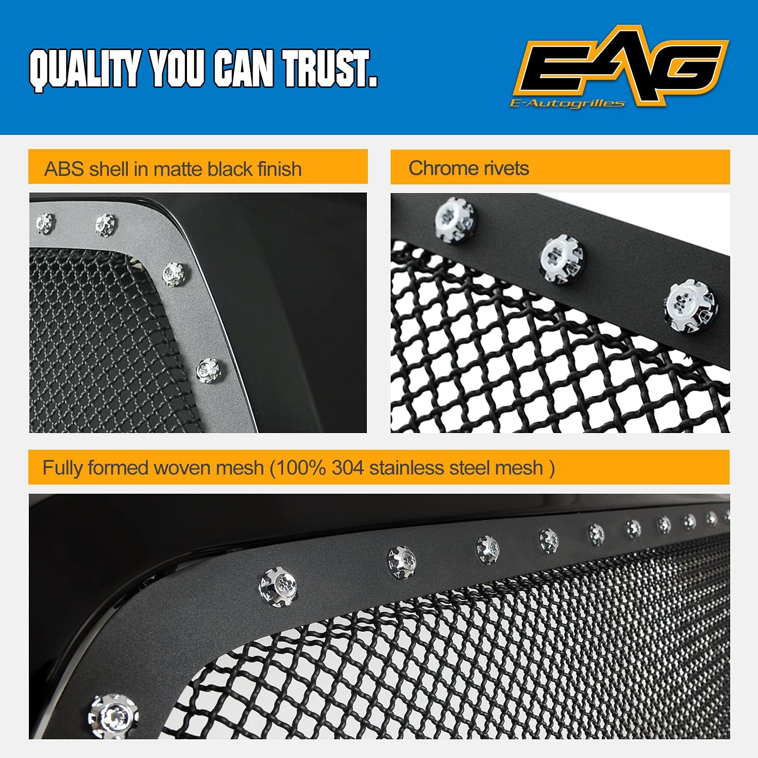 EAG Rivet Studded Frame Black Stainless Steel Wire Mesh Packaged Grille Fit for 02-05 Ram 1500/03-05 Ram 2500/3500