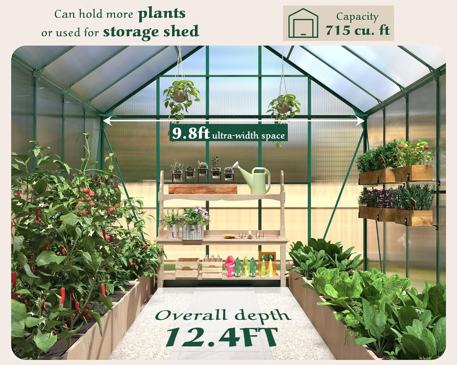 Papajet 12x10x10 ft Polycarbonate Greenhouse with 2 Sliding Doors 4 Vents Window Large Greenhouse, Green