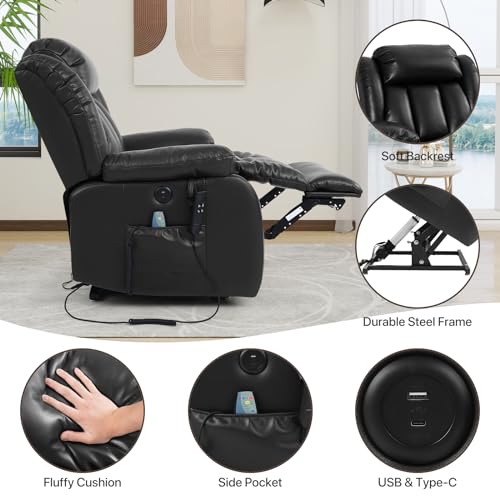 EDILLY Large Genuine Leather Power Lift Recliner Chairs for Elderly, Dual Motor with Massage and Heating,Double Lumbar Cushion and Extended Footrest