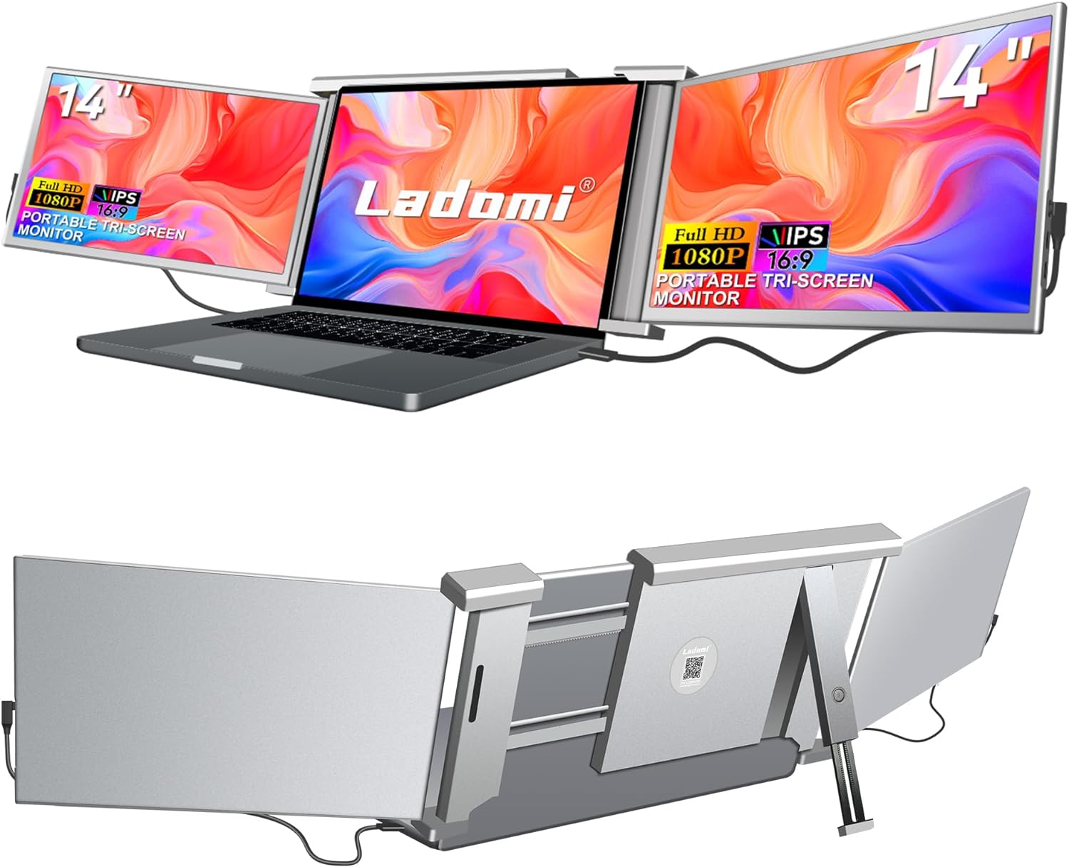 14" Triple Laptop Screen Extender, Plug and Play, FHD 1080P IPS Laptop Monitor Extender, Triple Portable Monitor