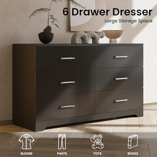 6 Drawer Dresser for Bedroom, Black Dresser Chest of Drawers, Wooden Bedroom Dresser TV Stand, Large Dresser Storage Chest with Deep Drawers