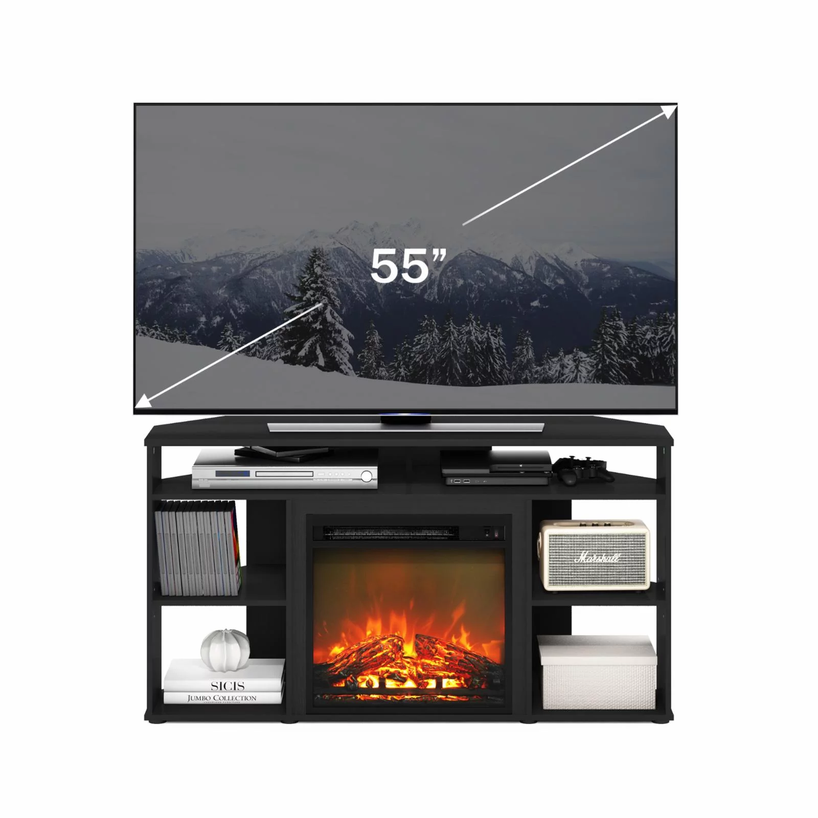 Furinno Jensen Corner TV Stand with Fireplace for TV up to 55 in, Americano