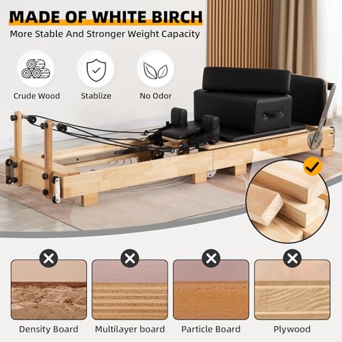 Pilates Reformer Machine - Foldable Wooden Reformer with Springs, Jump Board & Sitting Box | Home & Studio Use for Core Strength