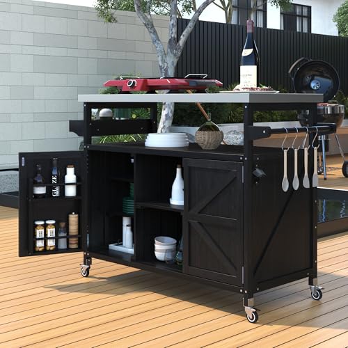 Farmhouse Kitchen Island with Power Outlet, Drop Leaf, Spice Rack and Drawer,Rolling Kitchen Cart on Wheels