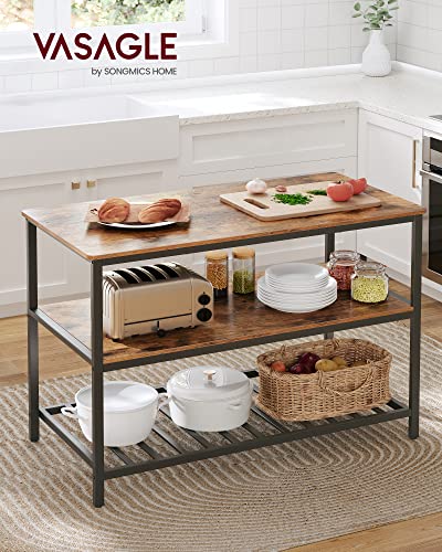 VASAGLE Kitchen Island with 3 Shelves, 47.2 Inches Width Kitchen Shelf with Large Worktop, Stable Steel Structure, Industrial, Easy to Assemble
