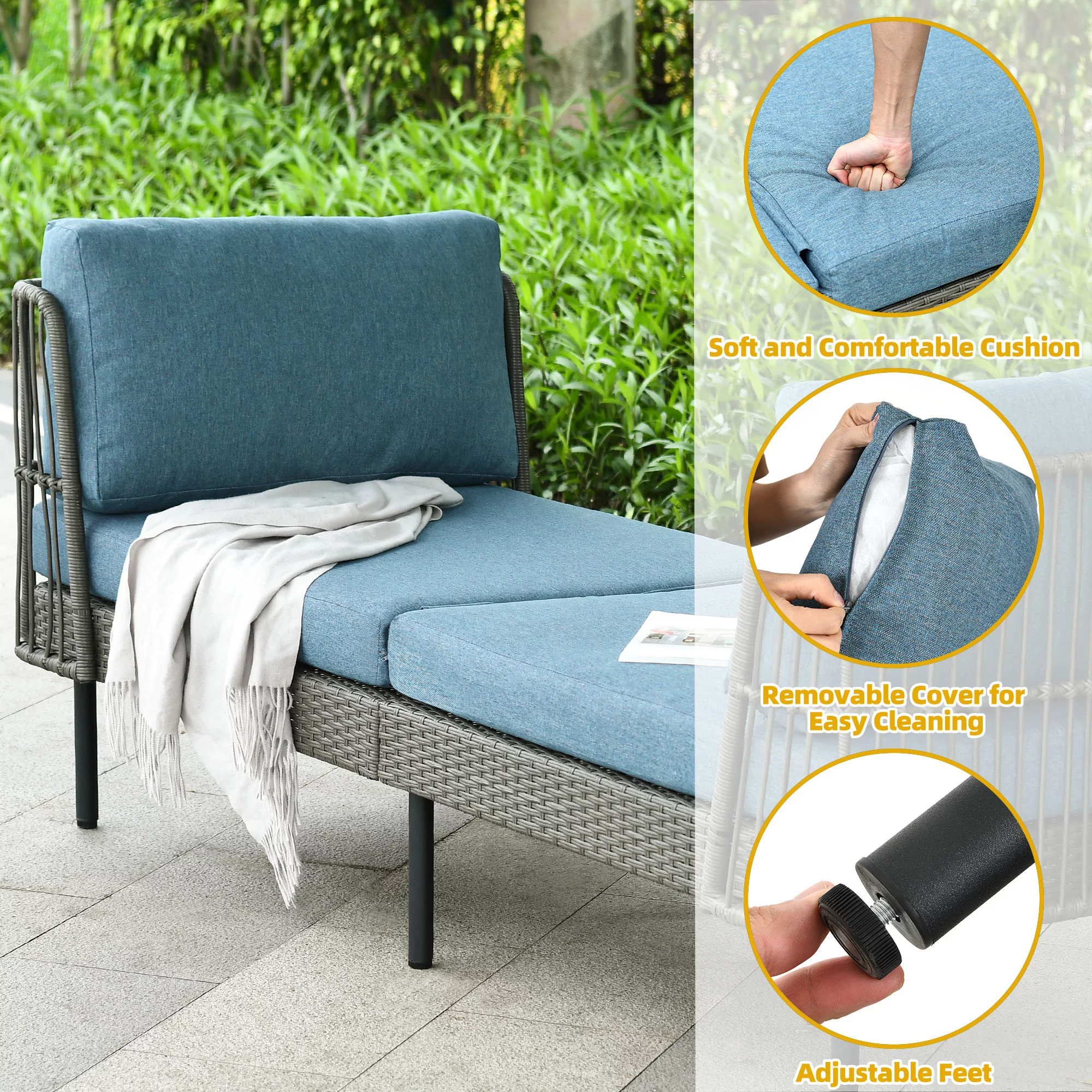 DWVO 74in Outdoor Daybed Wicker Patio Sofa Bed With Thickness Cushion Indoor Bed Lounger for Balcony Garden Deck Lawn - Blue