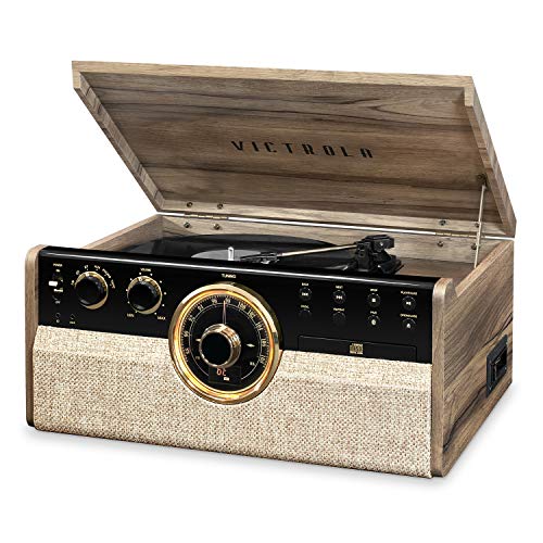Victrola The Empire Mid-Century 6-in-1 Turntable & Multimedia Center with Built-in Speakers – 3 Speed, Bluetooth Connectivity, Radio