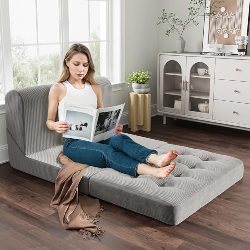 COMAX Folding Sofa Bed, Convertible Chair Bed Corduroy 3-in-1 Foldable Floor Couch with High-Density Foam, Futon Sofa Sleeper Mattress