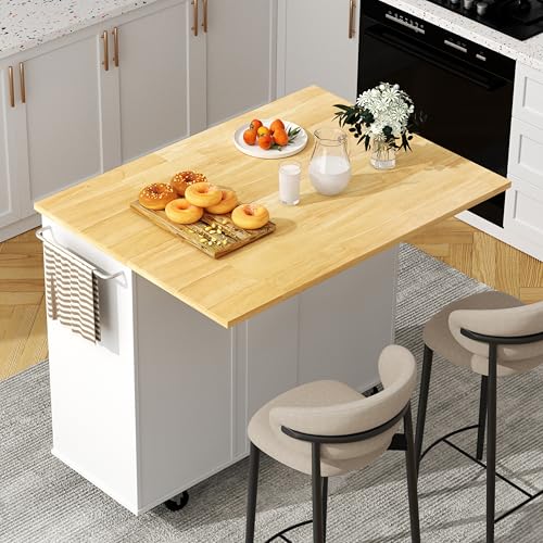 Shintenchi Rolling Kitchen Island Cart with Folding Drop Leaf Breakfast Bar, Portable Trolley Island with Large Storage Cabinet, Shelf and Drawer