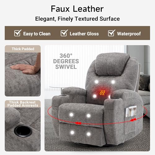 Recliner Chair, Rocking Chair with Massage and Heat, 360° Swivel Recliner Chairs for Adults