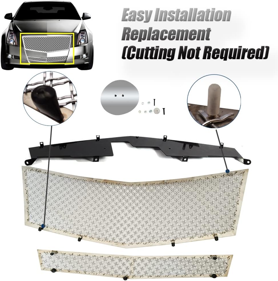 Compatible with 2008-2013 Cadillac CTS Stainless Steel Mesh Grille Grill Insert Combo (Not For CTS-V or model with Adaptive Cruise Control) (chrome