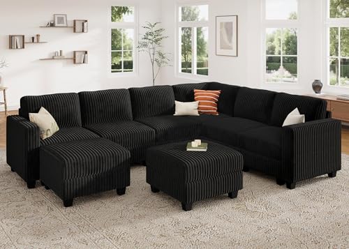 HONBAY Corduroy Modular Sectional Couch with Storage L-Shaped Sectional Couches for Living Room 6 Seater Modular Sofa, Dark Gray