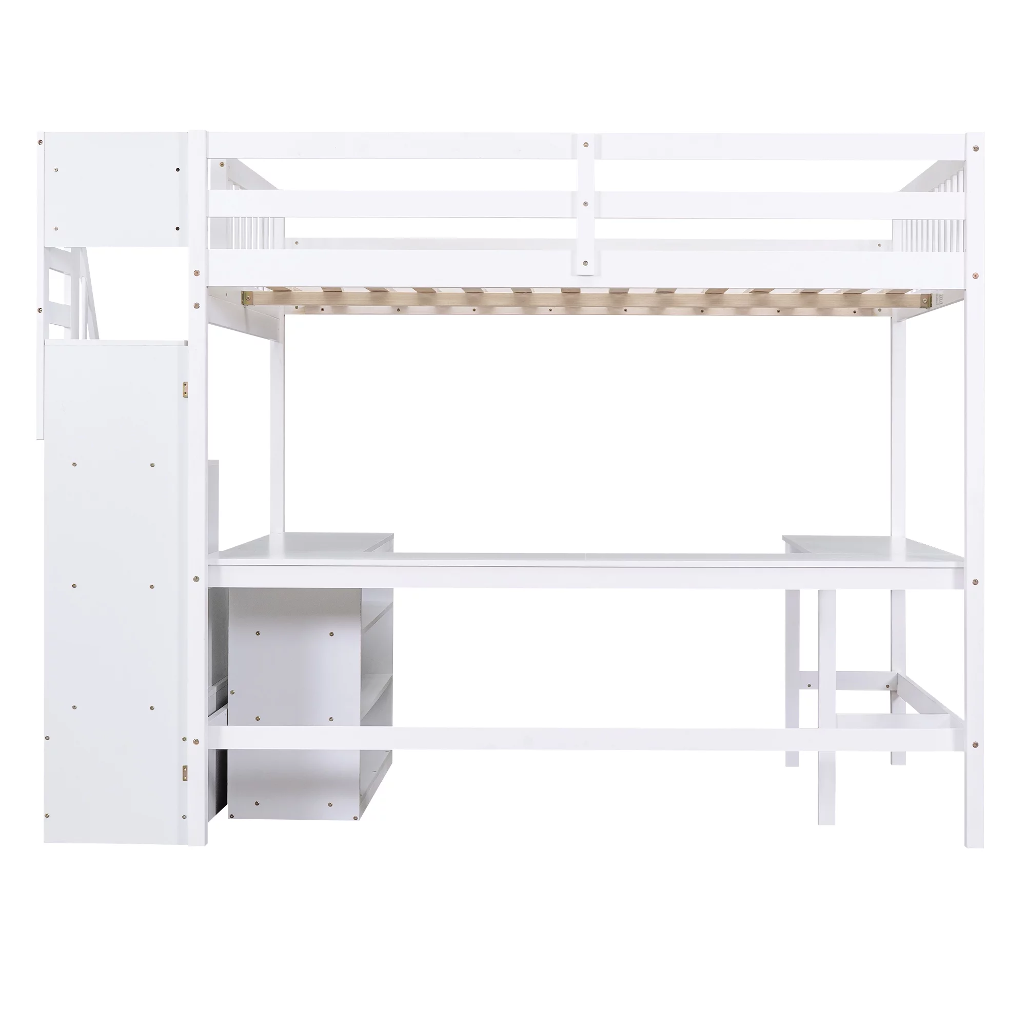 EUROCO Wood Full Size Loft Bed with Desk, Shelf and Storage Staircase for Kids Teens Adults, Built-in Desk with Bookscase for Working Station
