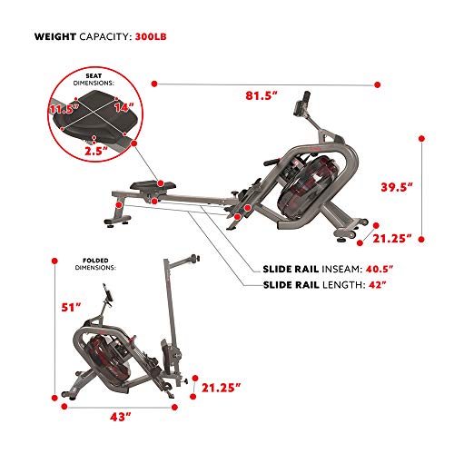 Sunny Health & Fitness Elite Water Rowing Machine with High Dynamic Resistance Vertical Tank